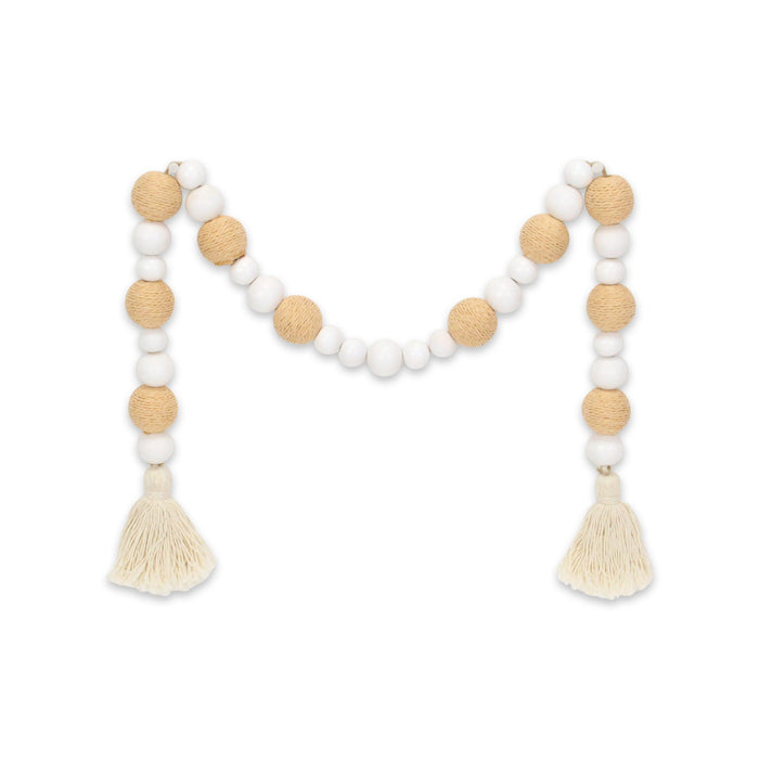 38" White And Natural Wood And Fabric Hand Painted Decorative Tassel