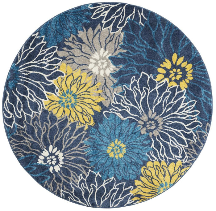 4' Blue And Gold Floral Round Rug