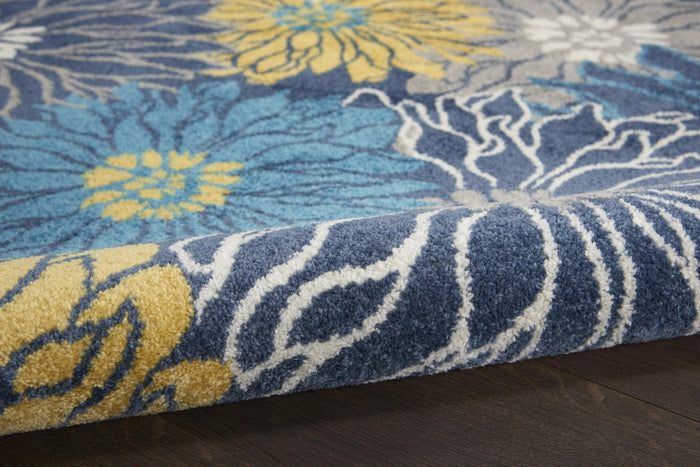 4' Blue And Gold Floral Round Rug