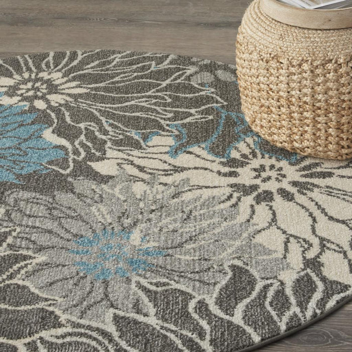 4' Blue And Gray Floral Round Rug