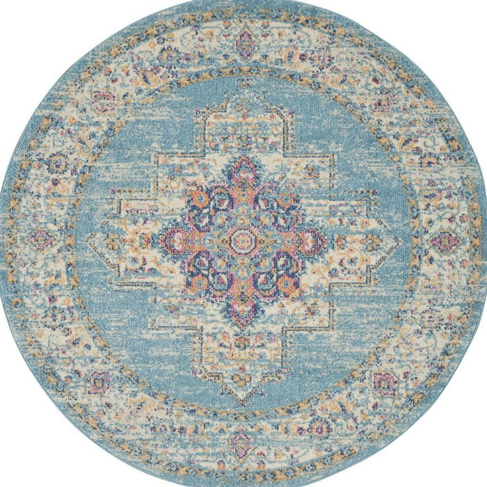 4' Blue And Ivory Southwestern Distressed Round Rug