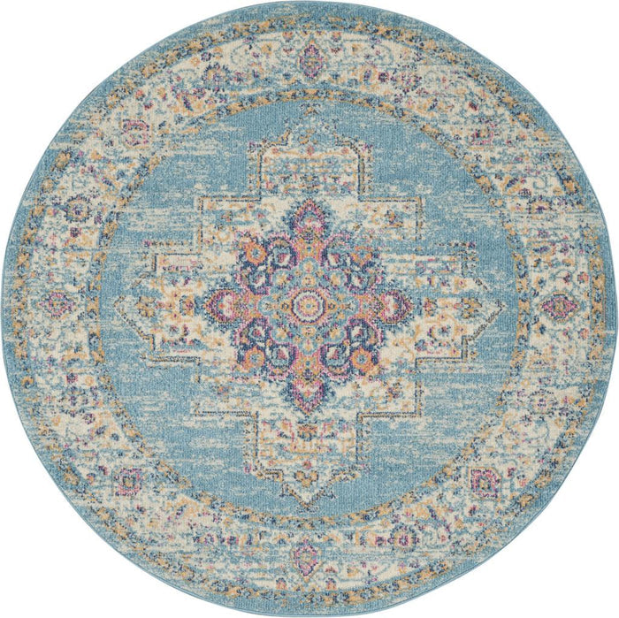 4' Blue And Ivory Southwestern Distressed Round Rug