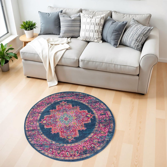 4' Blue And Pink Medallion Distressed Round Rug