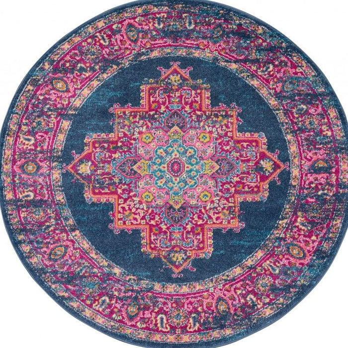 4' Blue And Pink Medallion Distressed Round Rug
