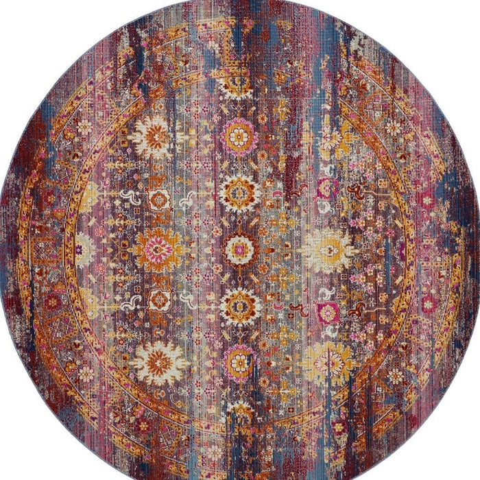 4' Blue Yellow And Red Floral Distressed Round Rug