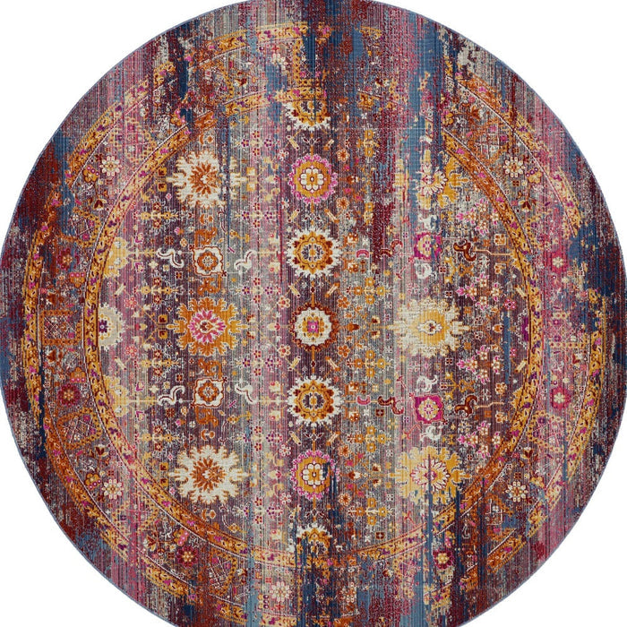 4' Blue Yellow And Red Floral Distressed Round Rug