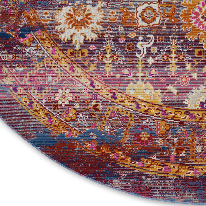 4' Blue Yellow And Red Floral Distressed Round Rug