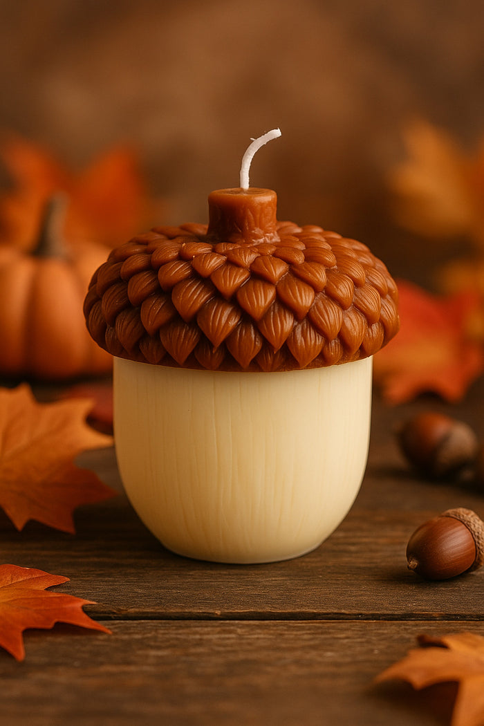 4" Brown And Ivory Latte And Pumpkin Scented Dimensional Acorn Candle