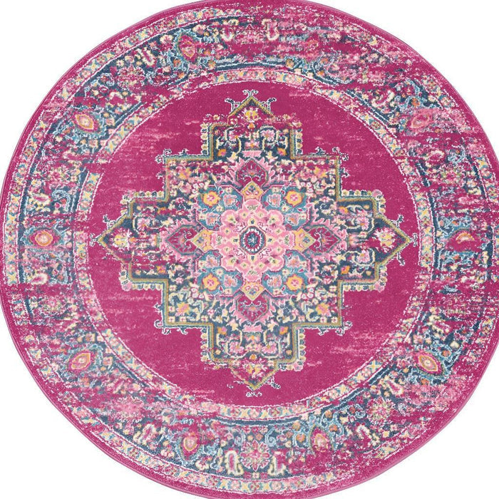 4' Fuchsia And Blue Oriental Distressed Round Rug