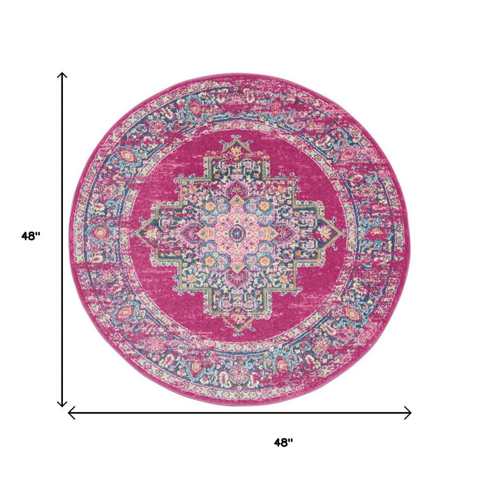 4' Fuchsia And Blue Oriental Distressed Round Rug