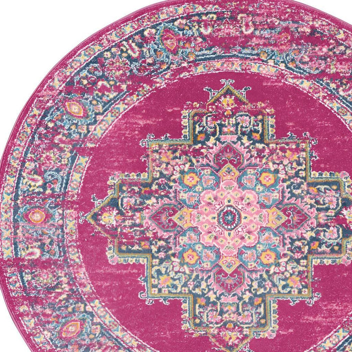 4' Fuchsia And Blue Oriental Distressed Round Rug