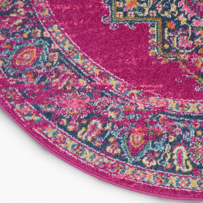 4' Fuchsia And Blue Oriental Distressed Round Rug
