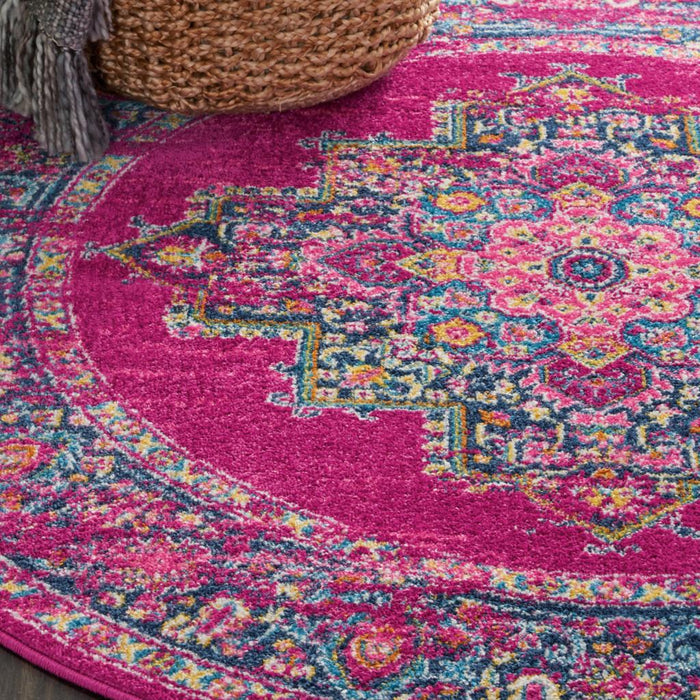 4' Fuchsia And Blue Oriental Distressed Round Rug