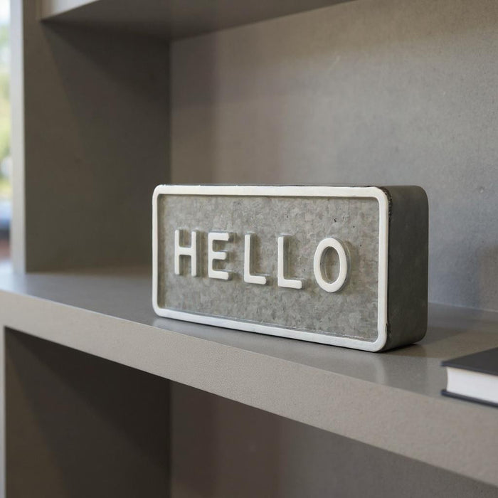 4" Gray And White Galvanized Metal Hello Hand Painted Tabletop Sign