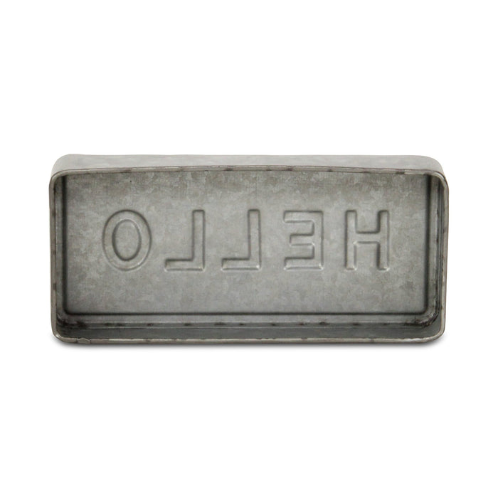 4" Gray And White Galvanized Metal Hello Hand Painted Tabletop Sign