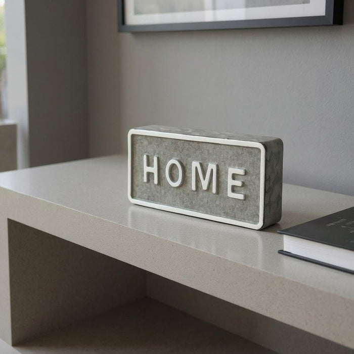 4" Gray And White Metal Home Hand Painted Tabletop Sign