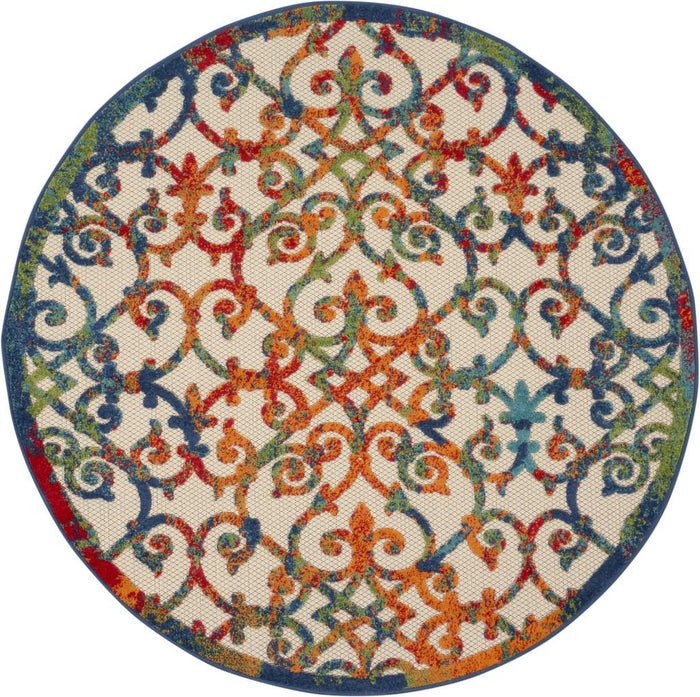 4' Ivory And Blue Round Indoor Outdoor Area Rug