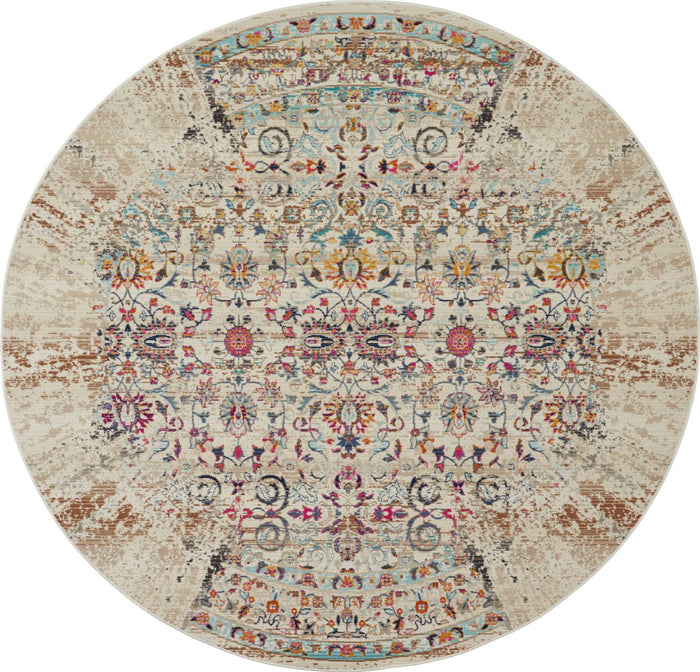 4' Ivory And Brown Floral Distressed Round Rug