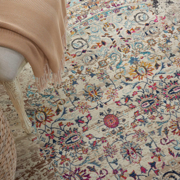 4' Ivory And Brown Floral Distressed Round Rug