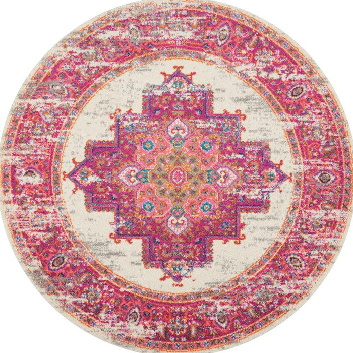 4' Ivory And Fuchsia Oriental Distressed Round Rug
