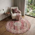 4' Ivory And Red Floral Distressed Round Rug