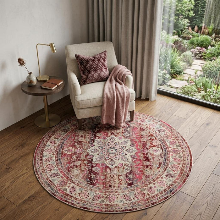 4' Ivory And Red Floral Distressed Round Rug