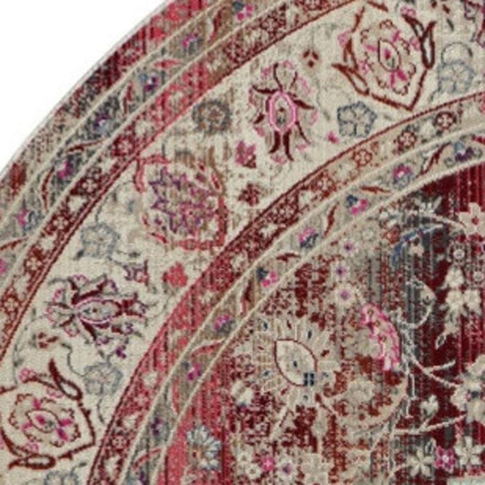 4' Ivory And Red Floral Distressed Round Rug