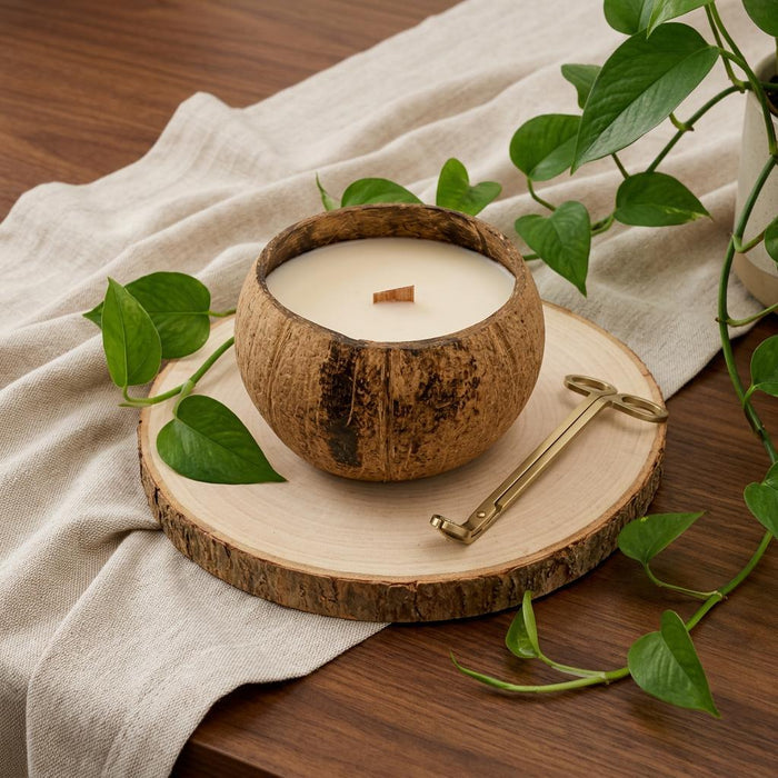 4" Ivory Orchid And Sea Salt Scented Candle In Brown Coconut Shell Holder