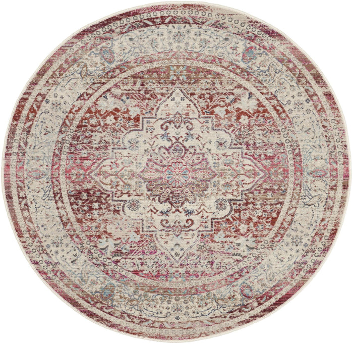 4' Ivory Red And Brown Floral Distressed Round Rug