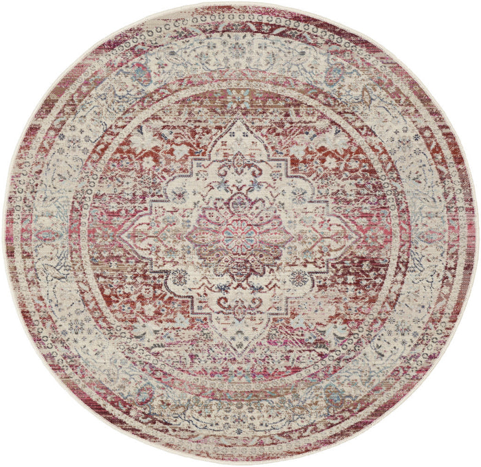 4' Ivory Red And Brown Floral Distressed Round Rug