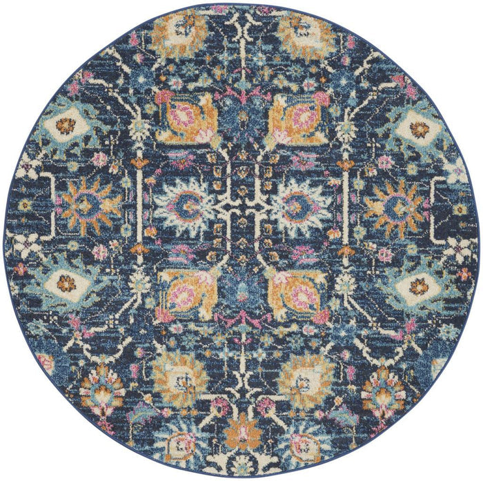 4' Navy Blue Yellow And Pink Floral Round Rug