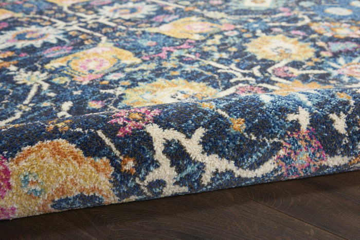4' Navy Blue Yellow And Pink Floral Round Rug