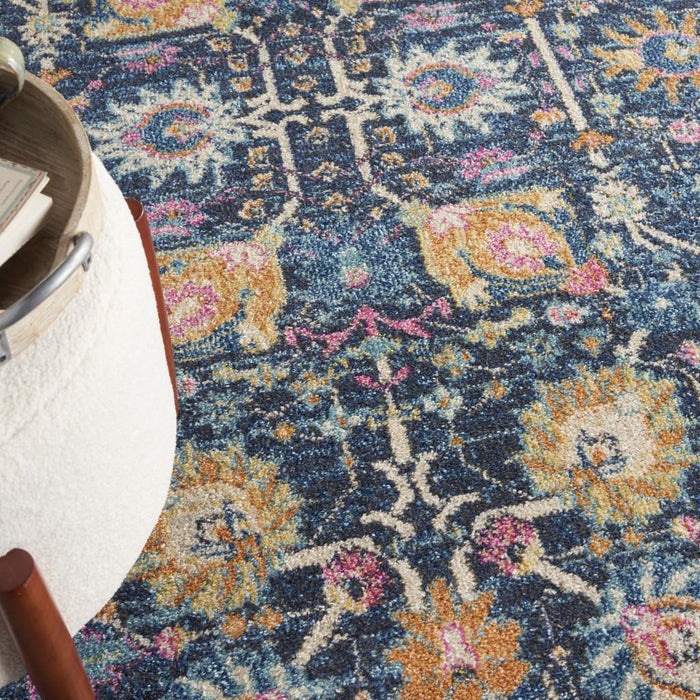4' Navy Blue Yellow And Pink Floral Round Rug