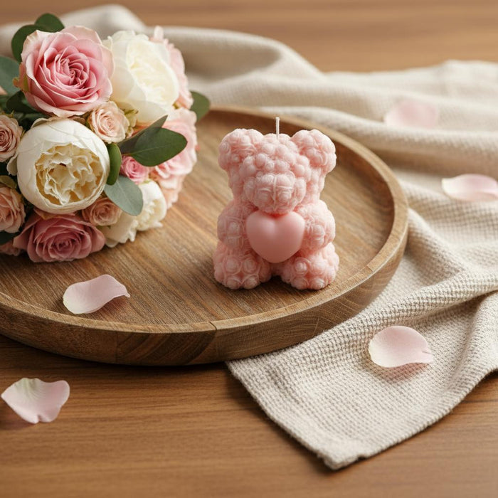 4" Pink Wild Honeysuckle Scented Dimensional Teddy Bear Candle