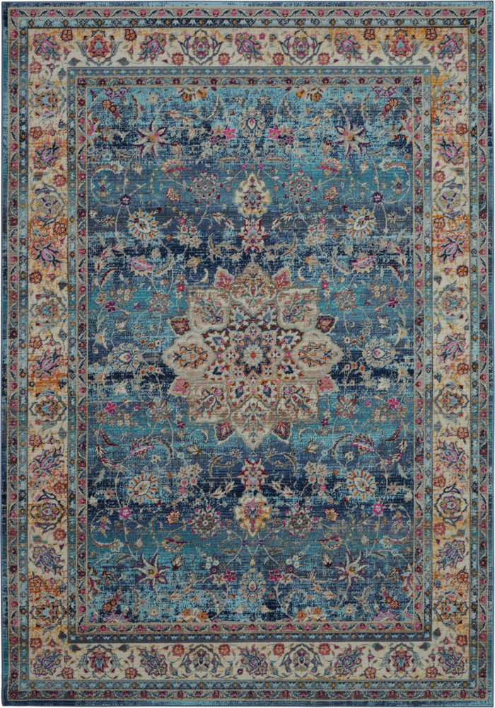 4' X 6' Blue and Beige Floral Distressed Area Rug