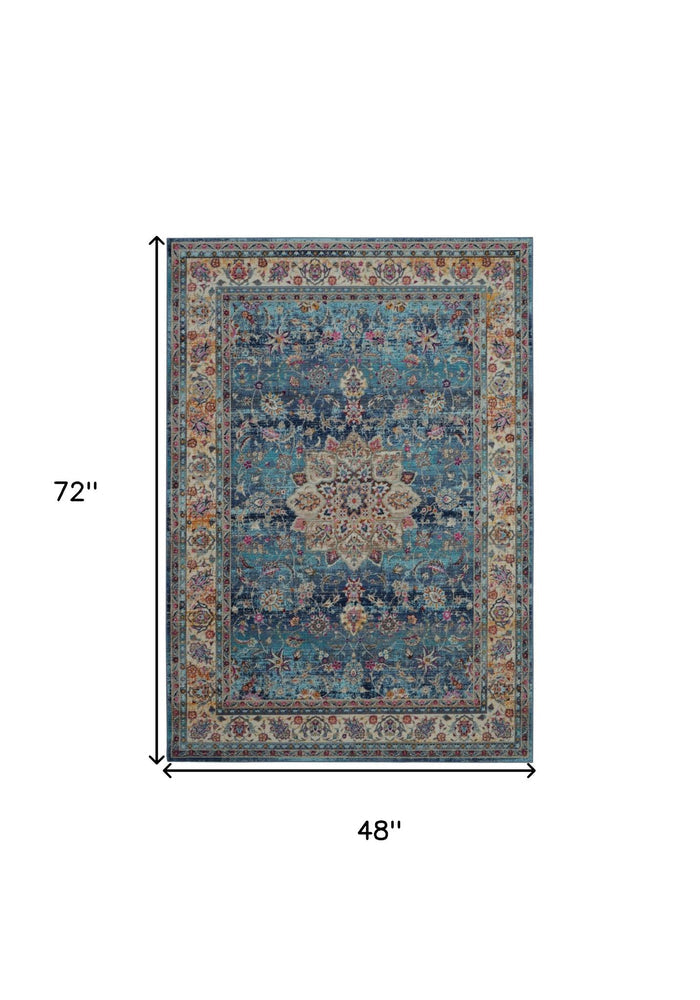 4' X 6' Blue and Beige Floral Distressed Area Rug