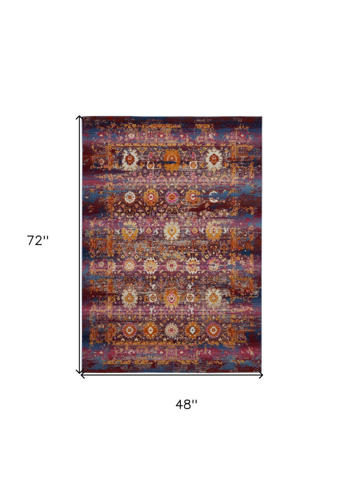 4' X 6' Blue Yellow And Red Floral Distressed Area Rug