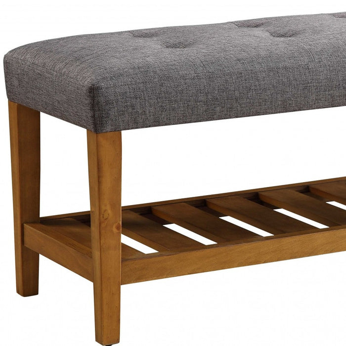 40" Gray and Brown Linen Blend and Solid Wood Upholstered Storage Bench With Shelves