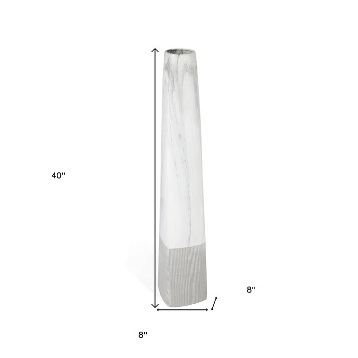 40" White Faux Marble Tapered Ceramic Floor Vase