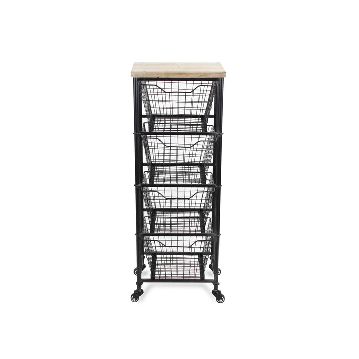 41" Black And Natural Metal And Wood Basket Storage Rolling Cabinet