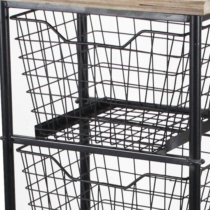 41" Black And Natural Metal And Wood Basket Storage Rolling Cabinet