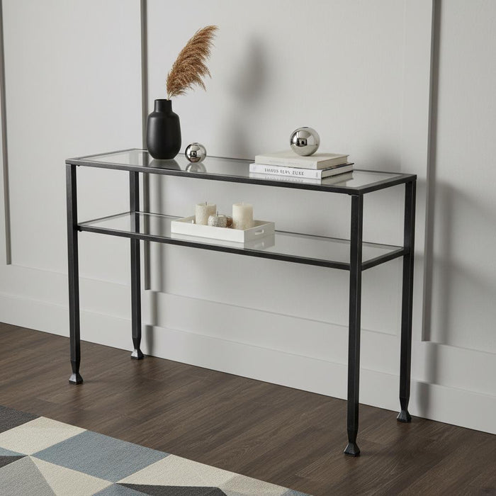 43" Clear and Black and Silver Glass Distressed Console Table With Storage