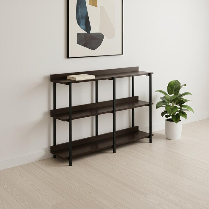 47" Brown and Black Wood and Metal Frame Console Table With Three Shelves