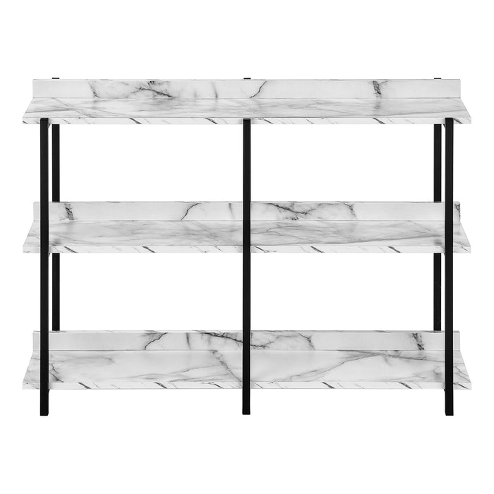 47" White and Black Wood and Metal Faux Marble Console Table With Three Shelves