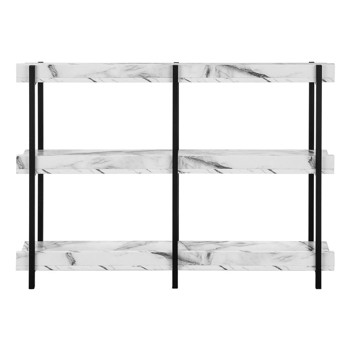 47" White and Black Wood and Metal Faux Marble Console Table With Three Shelves