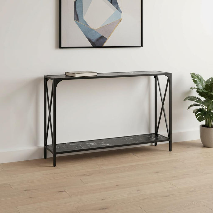 48" Black Wood and Metal Faux Marble Console Table With Shelf