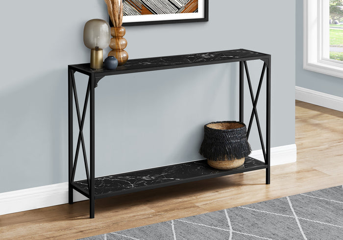 48" Black Wood and Metal Faux Marble Console Table With Shelf