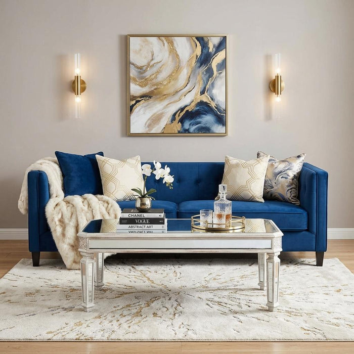 48" Silver And White Mirrored Glass And Wood Coffee Table