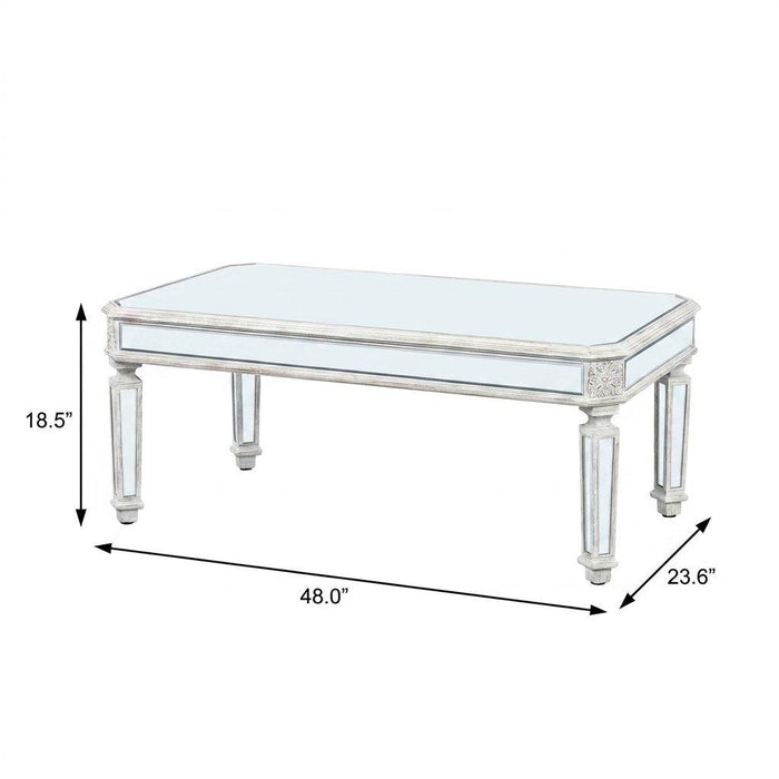 48" Silver And White Mirrored Glass And Wood Coffee Table