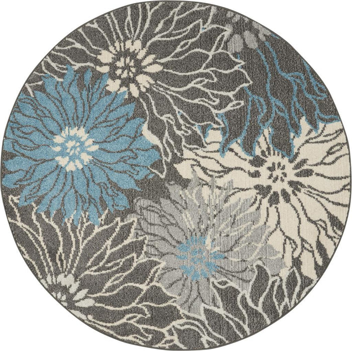 5' Blue And Gray Floral Round Rug